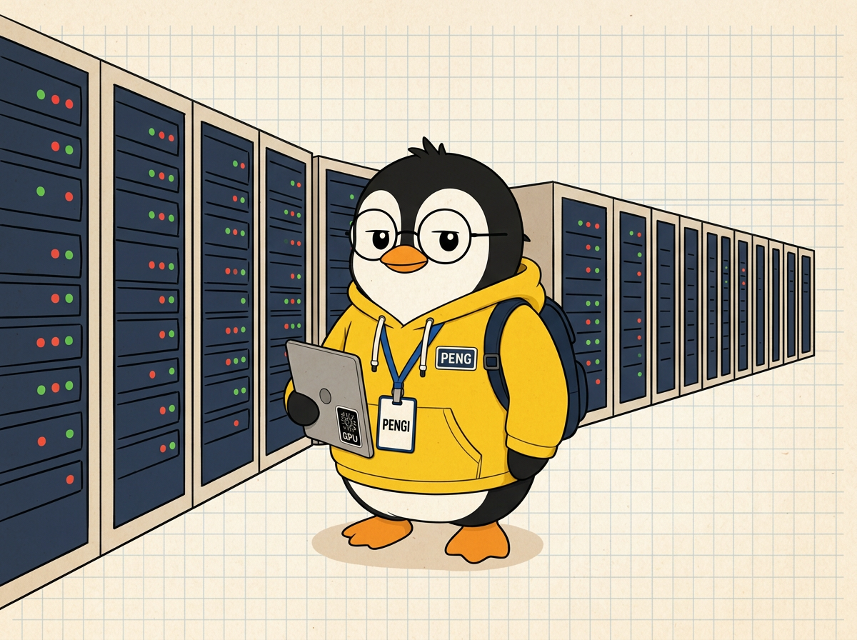 PENGI calmly checking a single GPU rack row