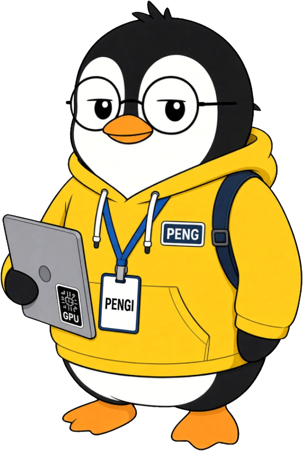 PENGI, a penguin intern in a yellow hoodie holding a laptop