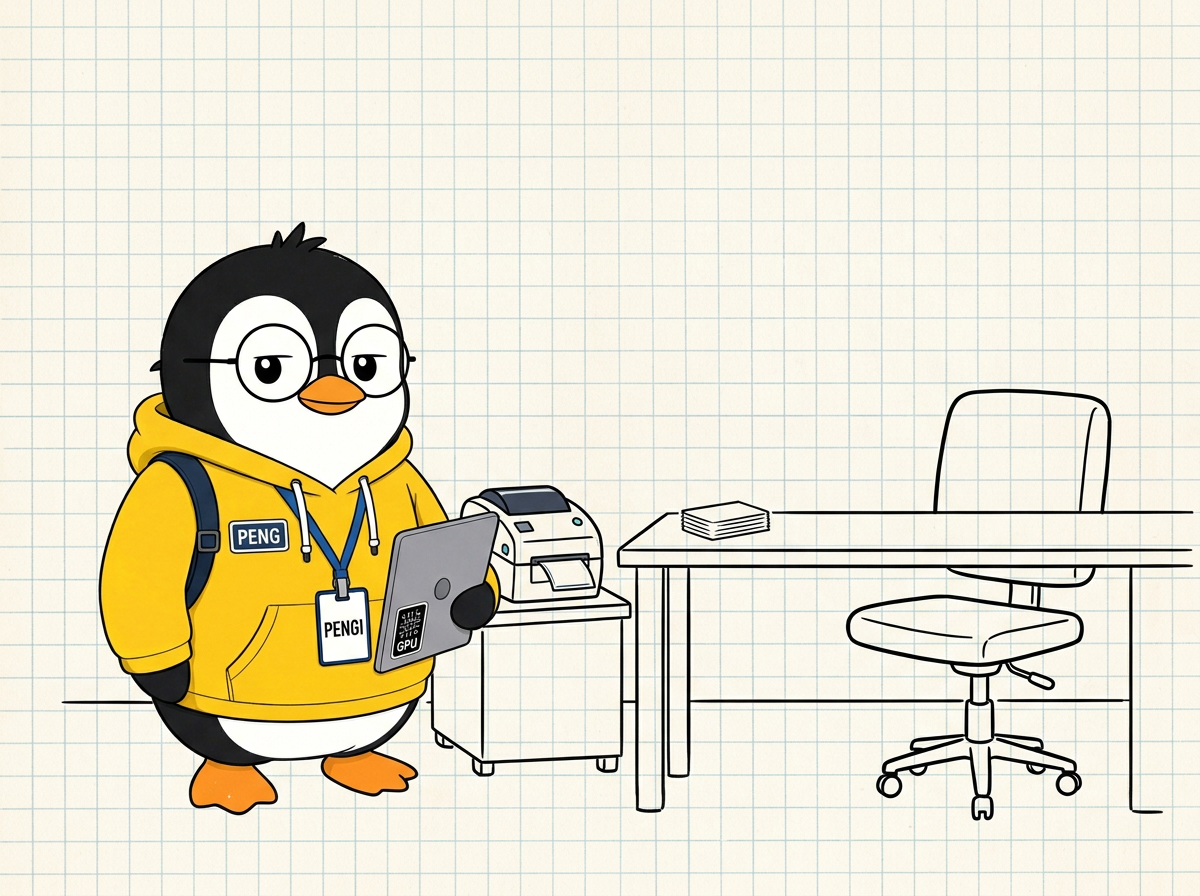PENGI beside a badge printer interviewing himself across an empty chair