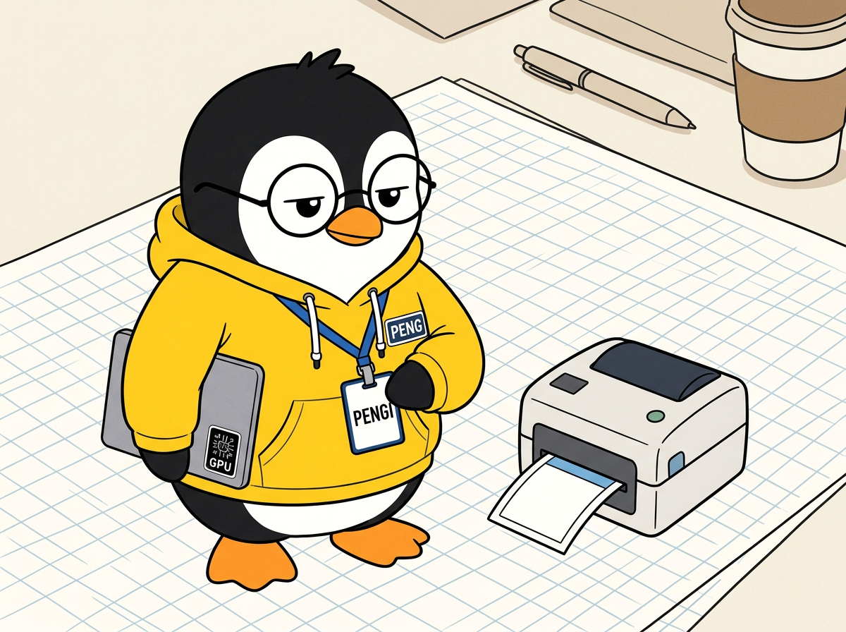 PENGI inspecting his new badge beside the badge printer
