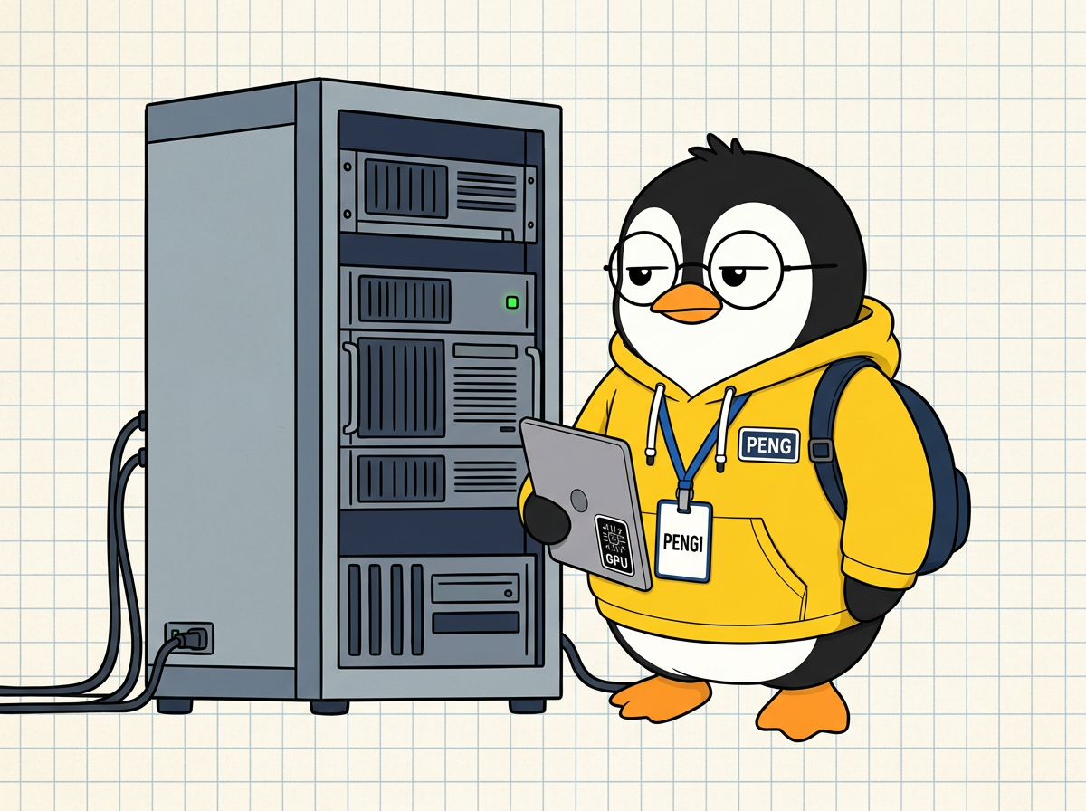 PENGI nodding at a blinking GPU rack light